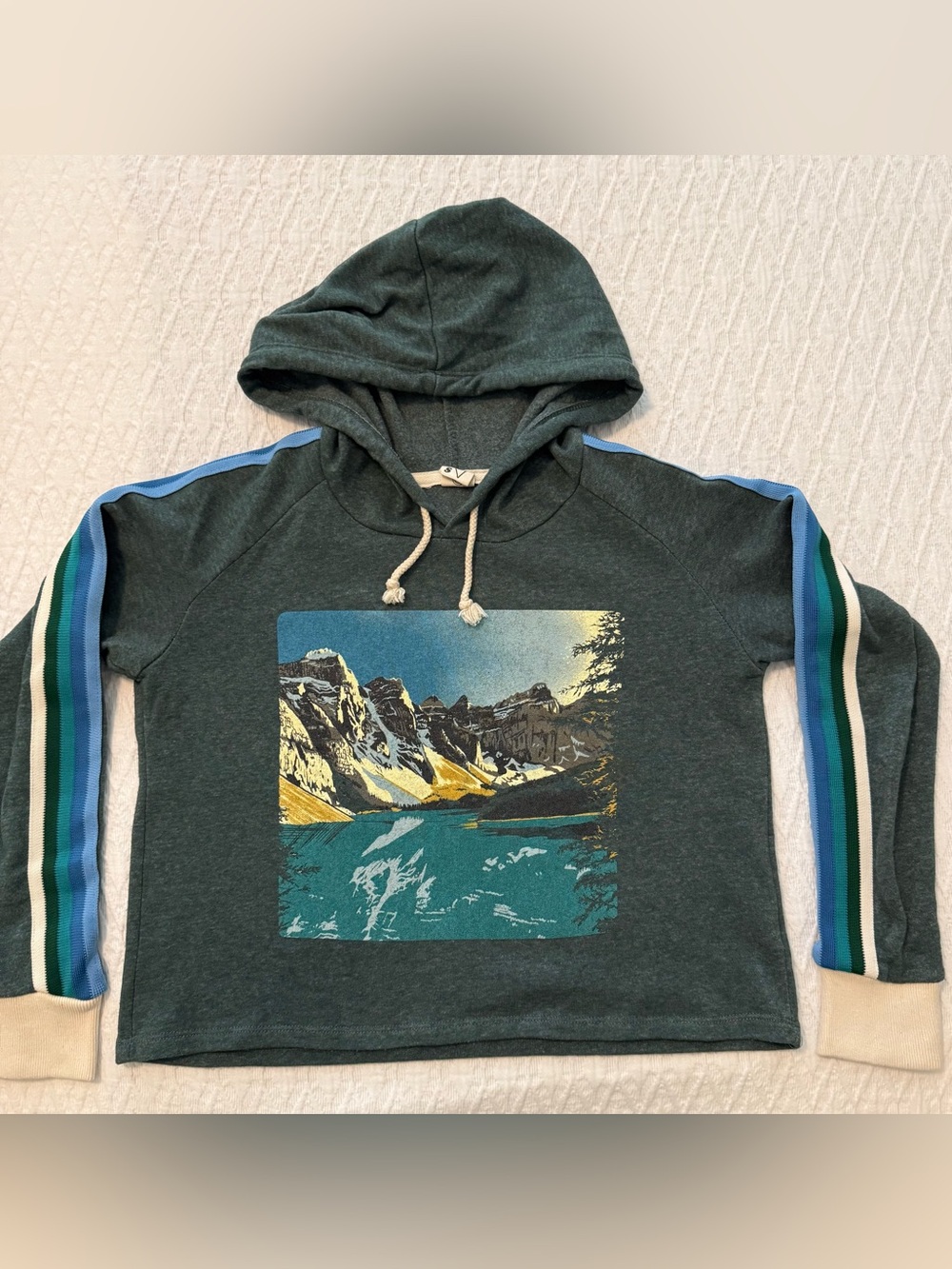 Rachel Pohl Art CAMP Hoodie Moraine Lake Banff Canada Graphic Sweatshirt Size S